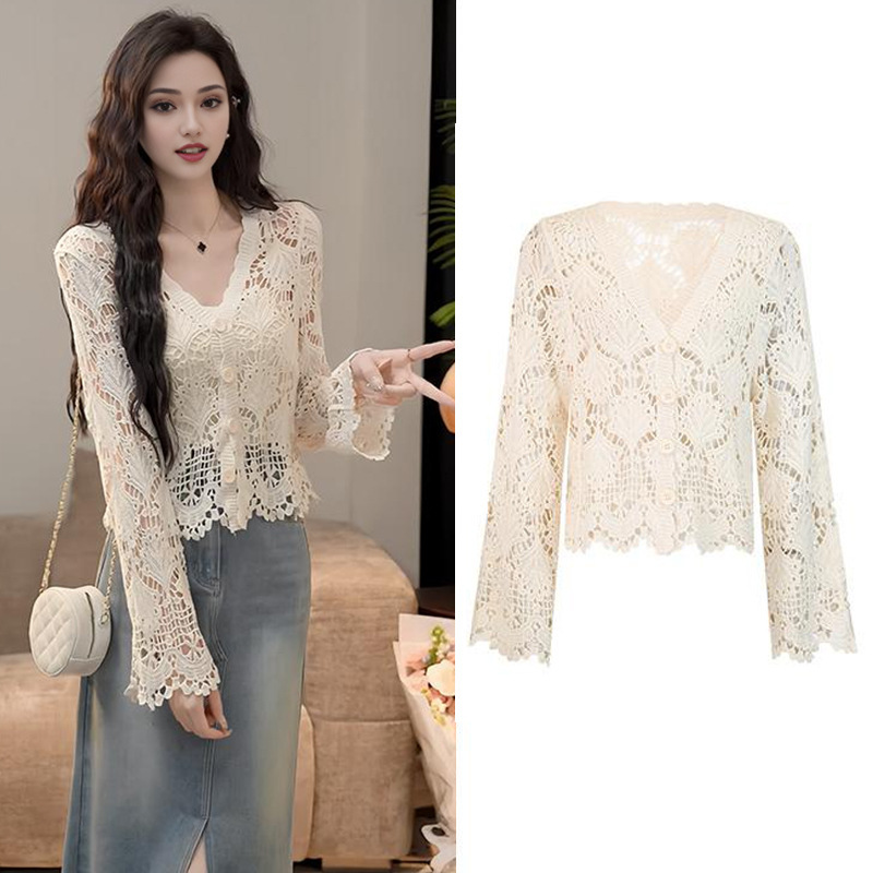 Bohemian Retro Style Travel Vacation Wear Hollow All-match Knit Thin Cardigan Small Coat 538