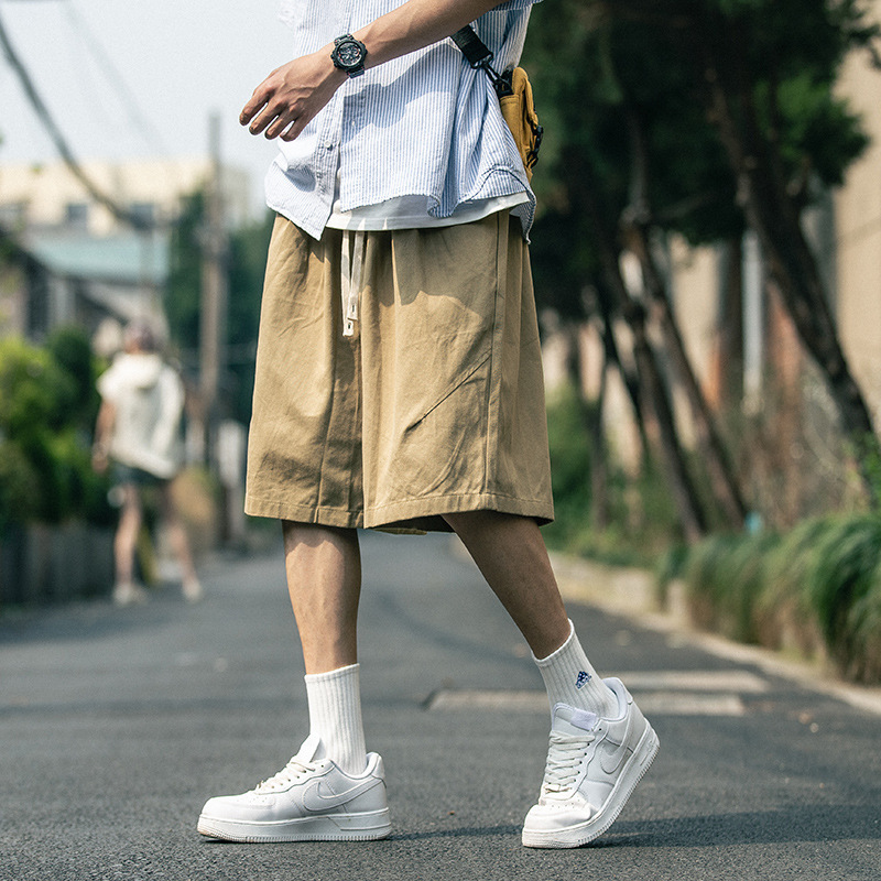 Japanese Retro Pure Cotton Drawstring Sports Shorts Large Size Elastic Waist Men's Summer New Casual Mid-Length Shorts