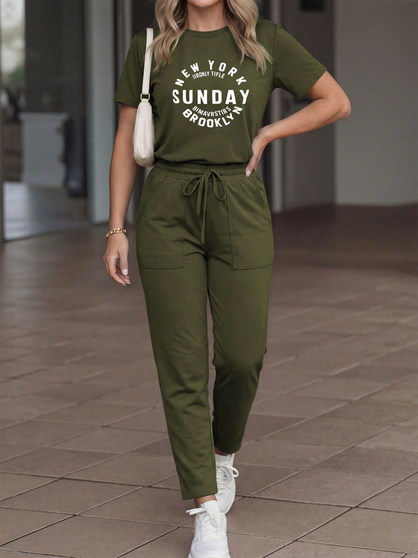 Women's Casual Suit Spring/Summer Solid Color Letter Print Crew Neck T-Shirt And Drawstring Elastic Waist Trousers Set_ecoleips.com
