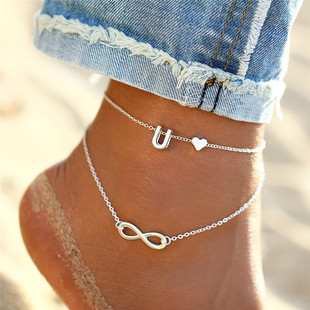 Cross-border 26 English alphabet alloy 8-character Mobius infinite love heart anklet double-layer jewelry wholesale