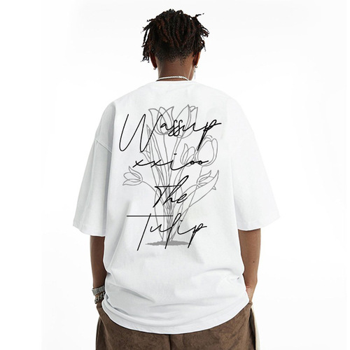 WASSUP Rose Heavy Cotton Short Sleeve American Streetwear Couple Running Sweatshirt Heavy Cotton T-Shirt for Men