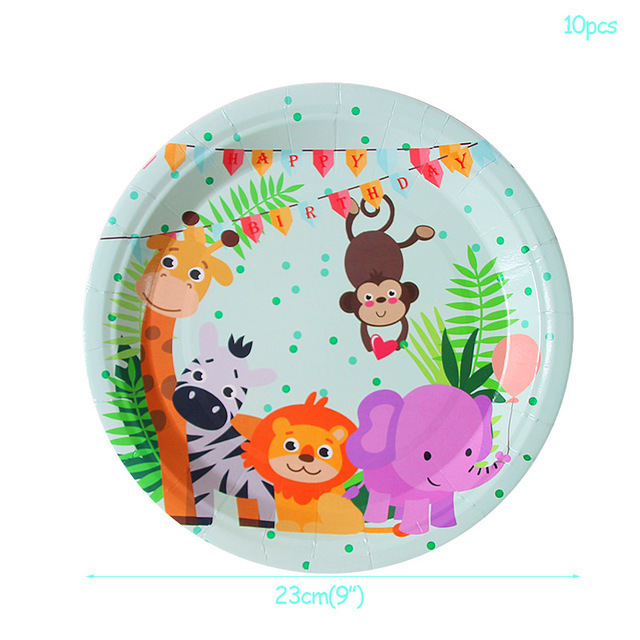Venta caliente bosque selva Zoo fiesta de cumpleaños traje mantel papel taza papel placa banner tejido partido traje