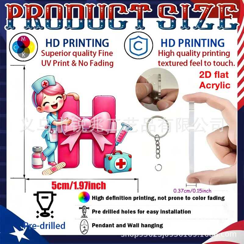 [2D Flat Acrylic Keychain], Moving and Novel Cute Cartoon Nurse with 26 Letters, Car Keychain