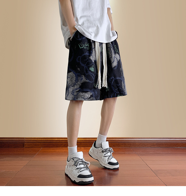 Men's Bear Print Drawstring Shorts, Loose Fit High Street Casual Shorts, Summer Streetwear Mid-Thigh Shorts_viptrois.com