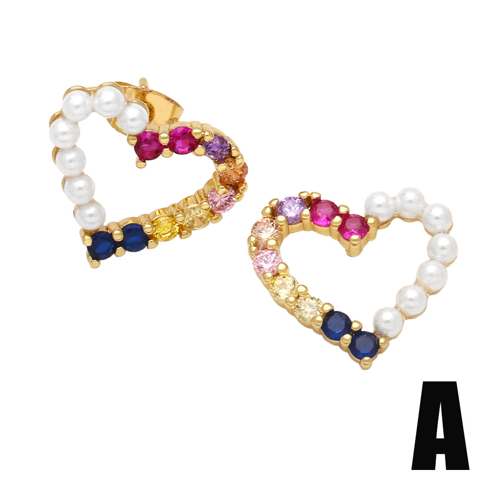 Fashion Heart Shape Copper Ear Studs Pearl Inlay Zircon Copper Earrings