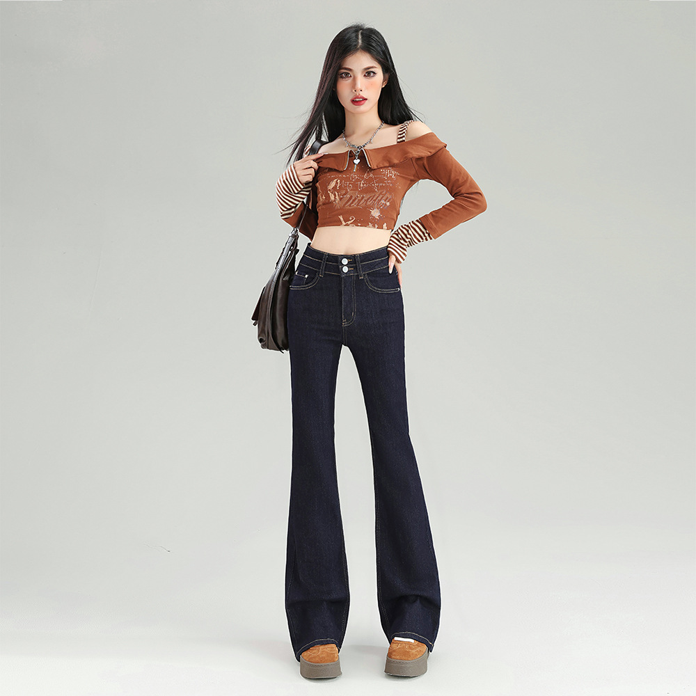 Denim Blue Low-Waist Hot Girl Micro-Flared Jeans for Women in Autumn and Winter, Versatile Slimming Look and Drapedy Floor-Length American Retro Pants