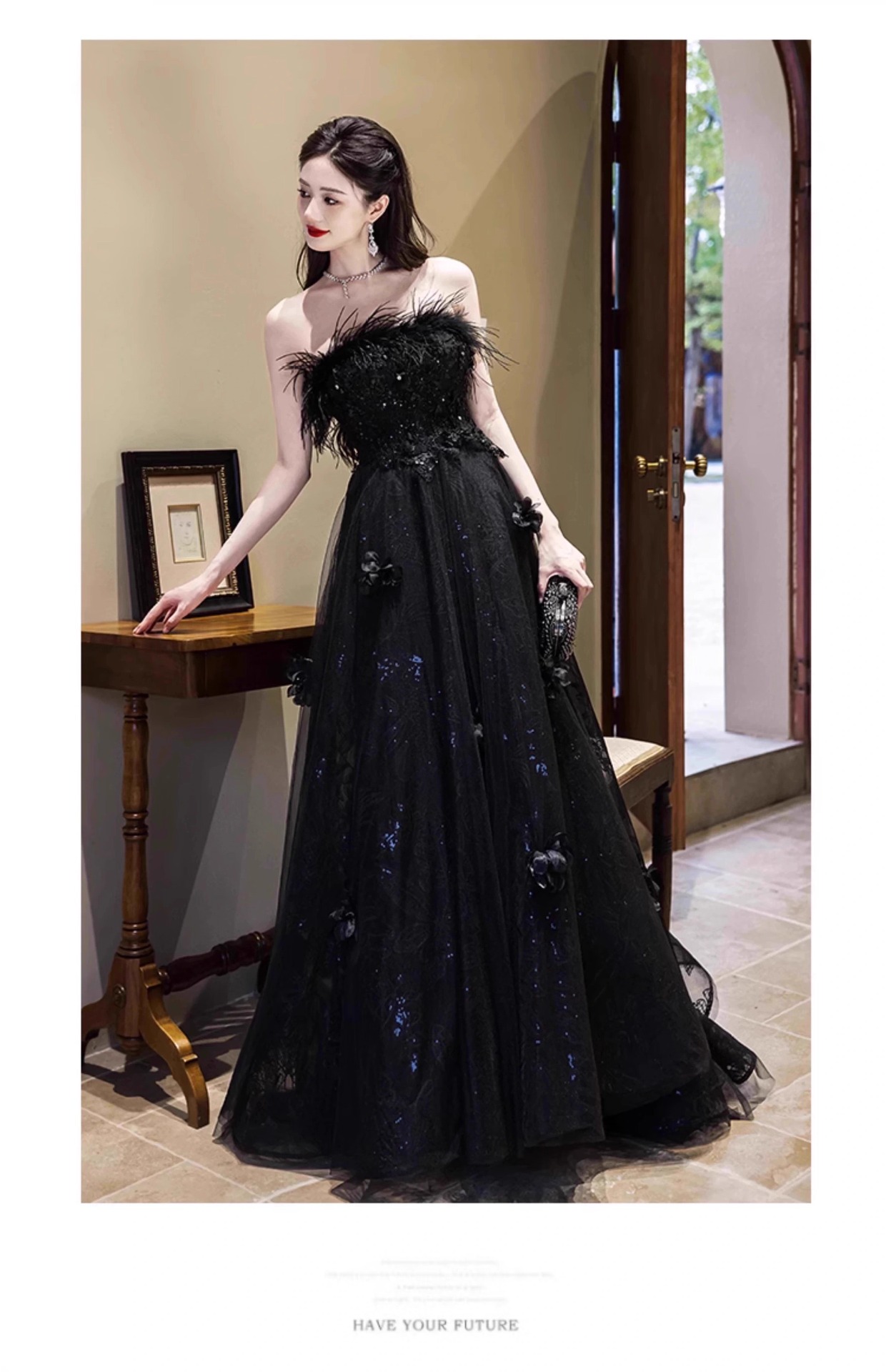 Váy dạ hội quây dáng suông midi chất satin mềm mại — đen chi tiết 8