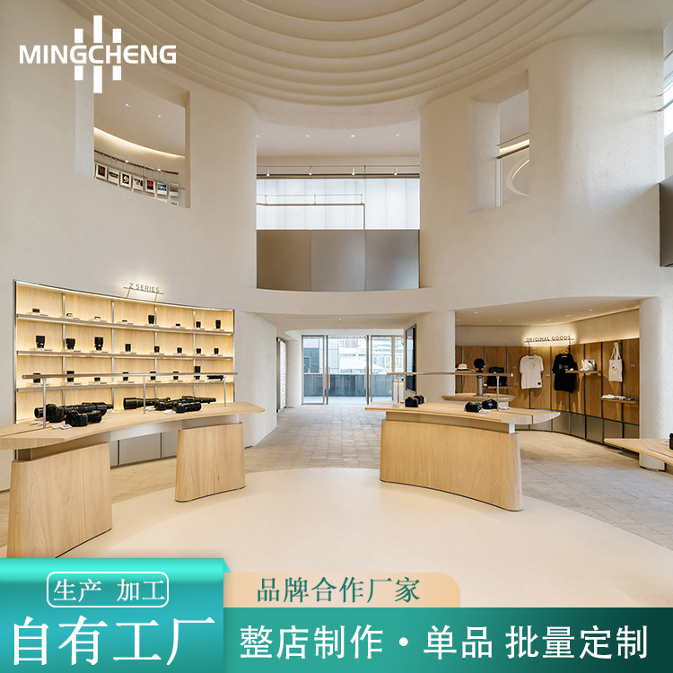 整店设计品牌相机展示柜木纹装饰柜带灯镜头挑选柜微单录影机展台