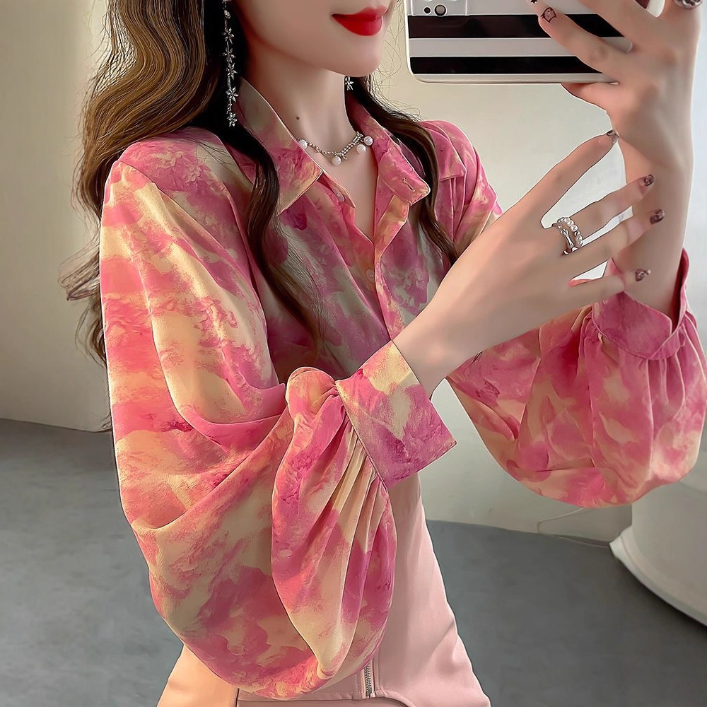 Pink Unique and Chic Printed Shirt for Women 2025 New Fashion Lantern Sleeve Shirt Slimming Chiffon Top Fairy
