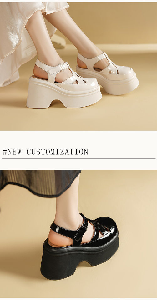 Sandal cao gót nữ 10 cm quai ngang mũi hở đế platform da bóng — Màu đen, Màu trắng be chi tiết 3