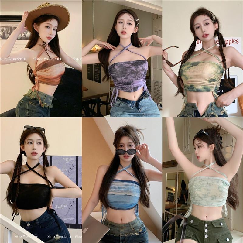 New Ice Silk Hong Kong Style Drawstring Sexy Slim Halter Neck Camisole Summer Outerwear Short Tube Top Sexy