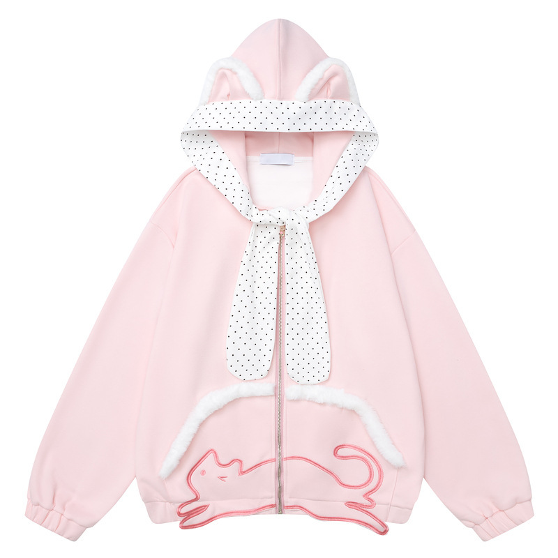 Pink cat-ear hooded jacket for petite women, with polka dots, ribbons, plush pockets, cat embroidery, and a sweet zip-up design Pink cat-ear hooded jacket for petite women, with polka dots, ribbons, plush pockets, cat embroidery, and a sweet zip-up design