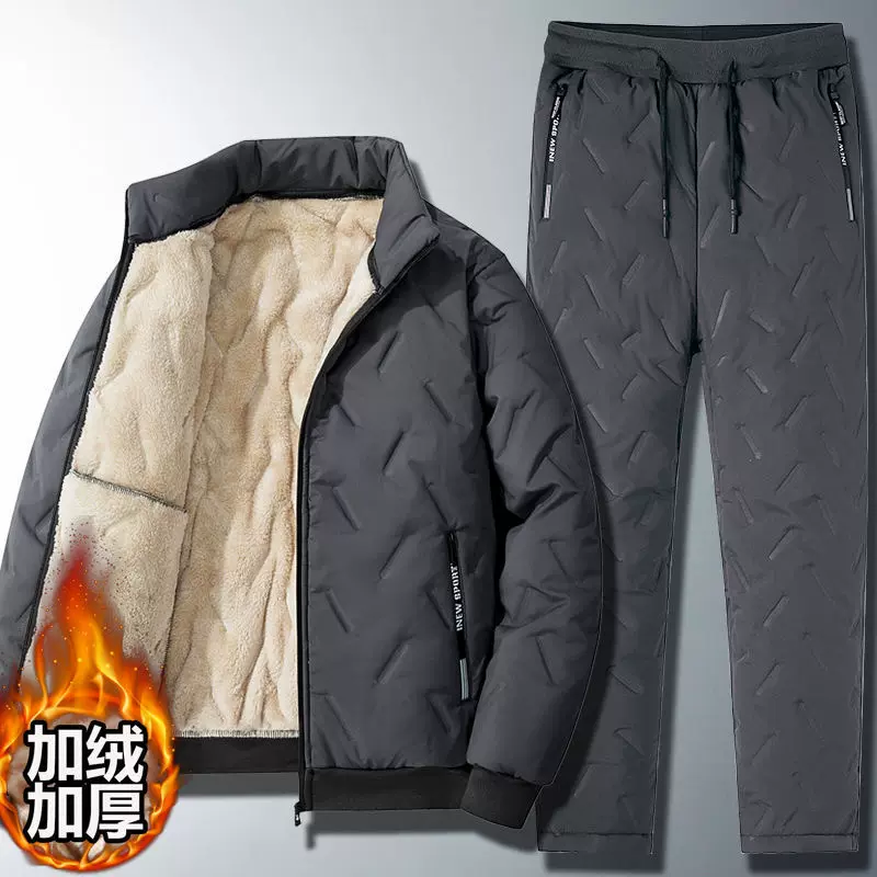 加绒加厚爸爸装棉衣男士冬季羽绒棉服羊羔绒中老年人棉袄棉裤套装