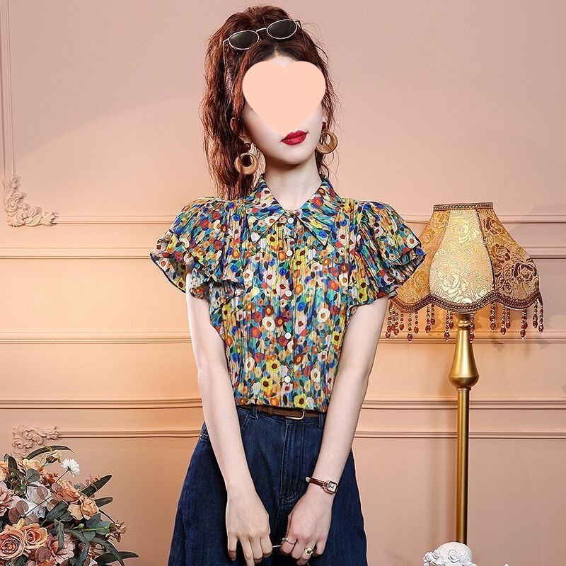 2026 Designer-Inspired Niche French-Style Ruffled Sleeveless Chiffon Top Summer Floral Shirt with Patchwork