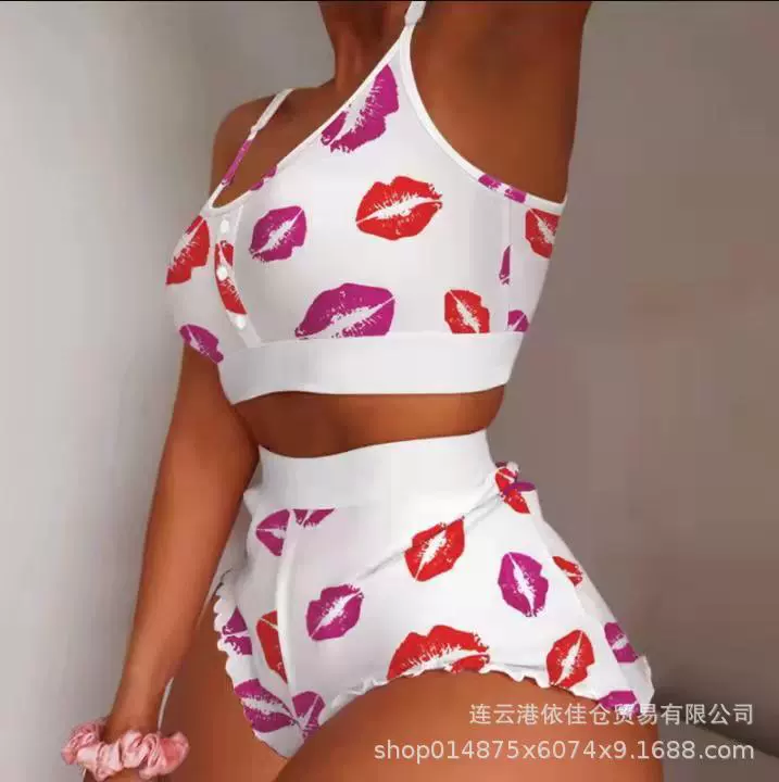 Пижамный комплект, кружевная клубничная принт, милый двухpieza ночник, эффект подъема