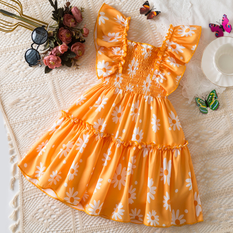 2025 New Summer Girls' Dress Korean Style Ruffled Flying Sleeve Princess Dress Kidsren's Printed Skirt