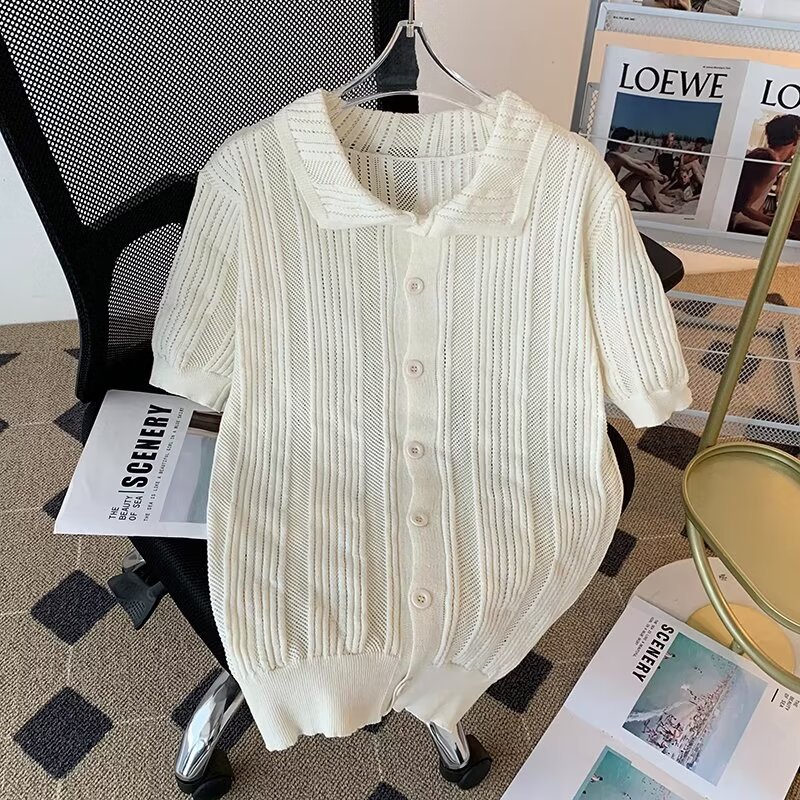 Retro con solapa agujerada de punto camiseta de manga corta camiseta de verano suelta para hombres y mujeres camiseta de cuello de polo de alta calidad