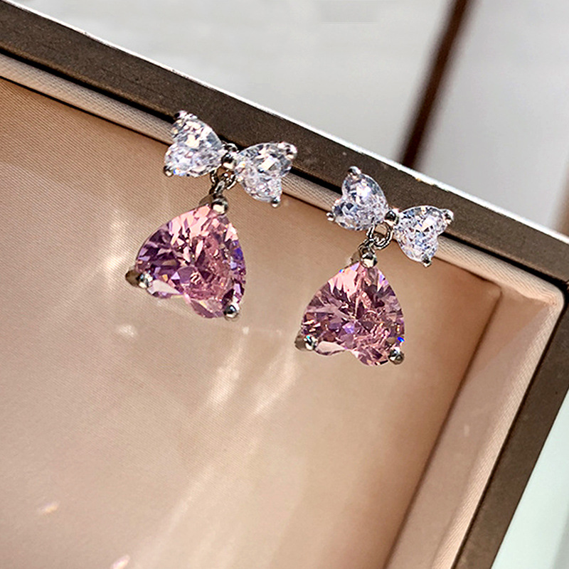 1 Pair Sweet Shiny Heart Shape Bow Knot Inlay Copper Zircon Drop Earrings display picture 4