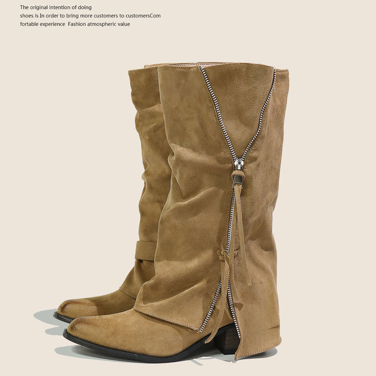 独特设计感小众尖头流苏粗跟裤管靴女秋冬新款复古坡跟长靴骑士靴