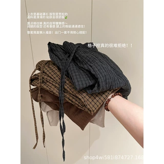 咖色复古弯刀阔腿裤2026新款女秋高腰小个子宽松慵懒风韩系格子裤
