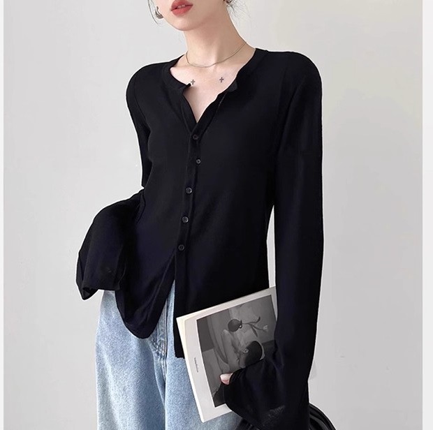 广州十三行 肤感100%天丝喇叭长袖打底上衣春夏纸片人针织开衫