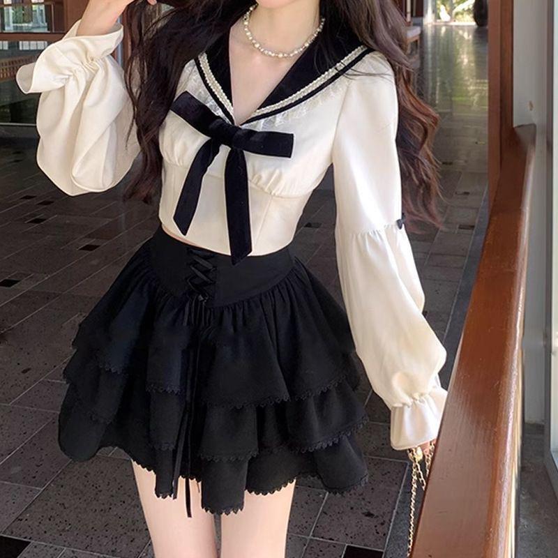 Academy Style Korean Style New Style Sweet Bow Navy Long Sleeve Top Tight Waist Cake Slimming Skirt for suit Women