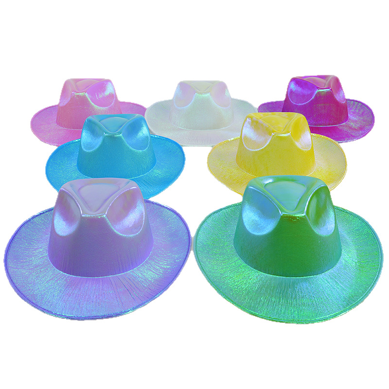 Sombrero de copa de fantasía Sombrero de vaquero occidental europeo y americano Sombrero de peinado Tela brillante colorida Fiesta de vacaciones Sombrero de fans de carnaval láser