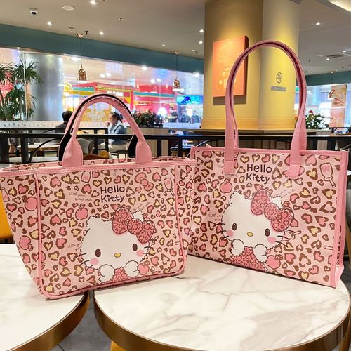 Mist Pink Leopard KT Cat PU Handbag Shoulder Bag Love Girl Heart Large Capacity Commuting Mommy Bag