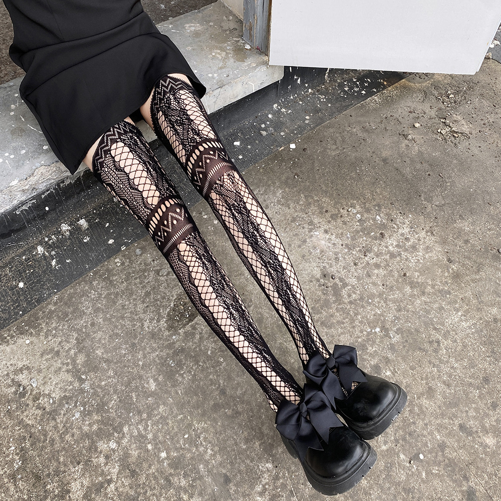 Strumpfhalterstrümpfe mit Netzloch, Internet-Promi, schwarze Seide, Sommer, dünn, japanisches Retro-Muster, lange Röhre, Overknee-Strümpfe für Damen_voghion.com