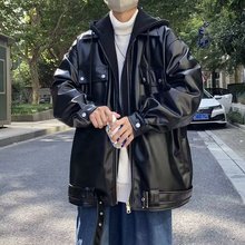 棉服男款冬季假两件连帽皮衣外套男士pu皮棉衣日系夹棉加厚棉袄子