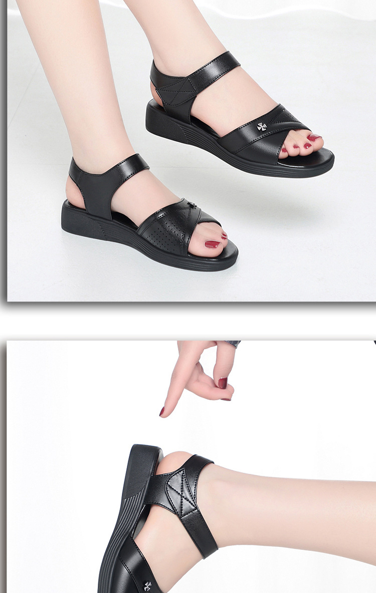 Sandal nữ da thật đế bệt hở mũi phong cách đơn giản — màu đen chi tiết 14
