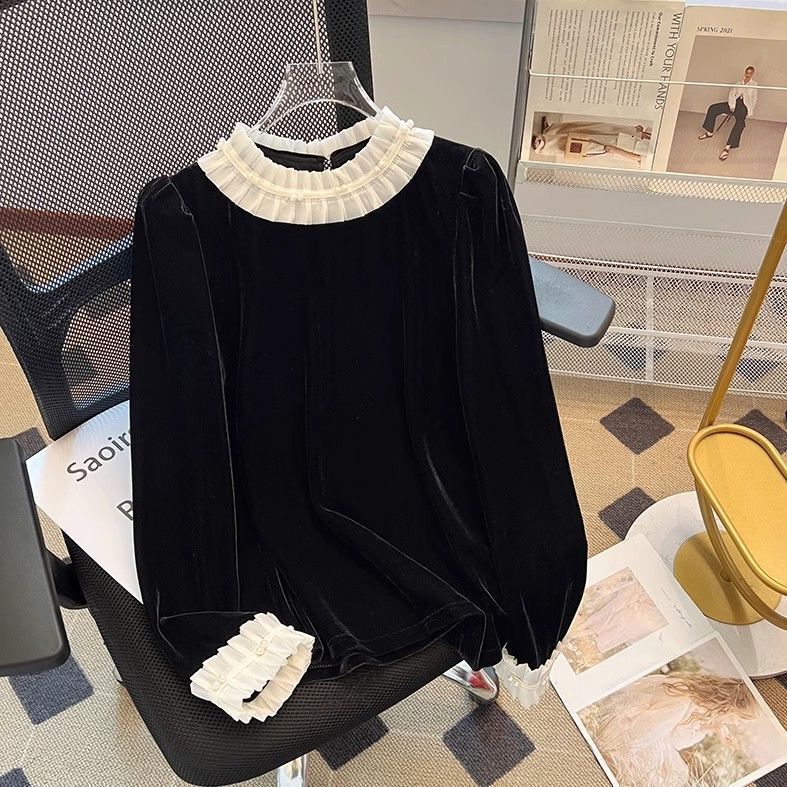 Black Velvet Top Women's Autumn and Winter Clothing 2025 New Hepburn Style Shirt with Long-Sleeved Bottoming Shirt