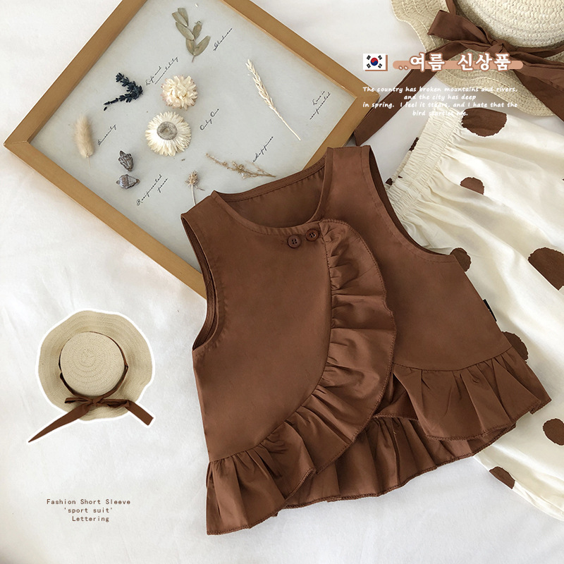 Girls' suit 2025 summer new style children's Korean style sleeveless doll shirt polka dot wide-leg pants two-piece set for hat