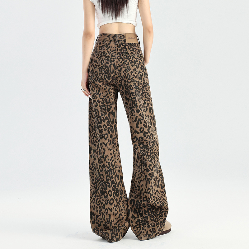 Leopard Print Wide-Leg Jeans for Women, 2025 Autumn and Winter New High-Waisted American-Style Loose Slimming Narrow-Fit Versatile Straight-Leg Pants