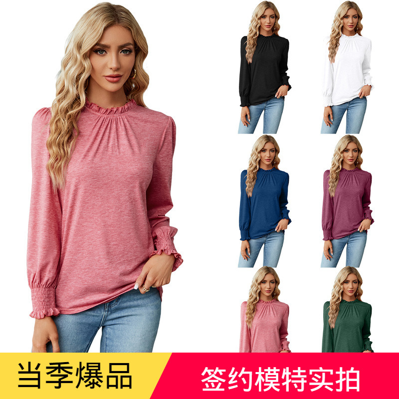 Amazon temu2023 European and American Cross-border Autumn and Winter New Solid Color Lace Collar Long Sleeve Loose T-shirt Top Women