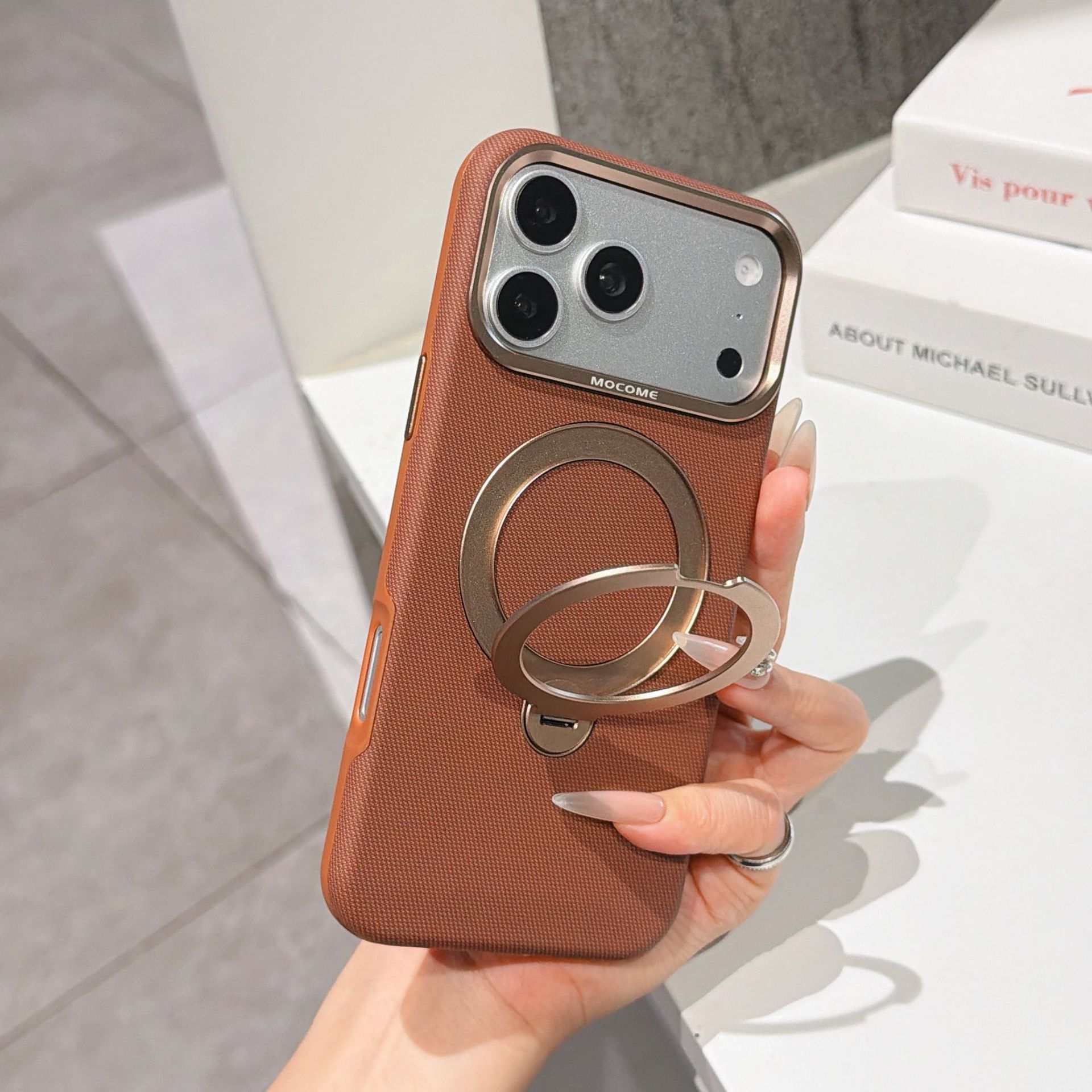 Ốp lưng da iPhone 16/17 Pro Max có vòng xoay 360 độ, nam châm hút, chống sốc viền dày — Đen, Nâu, Tím, Xanh dương chi tiết 7