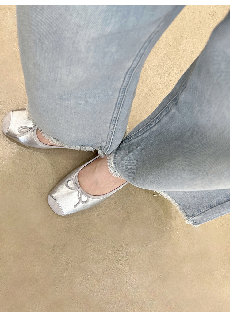 Versión de piel de oveja ~ cuero suave plateado cuadrado arco superficial cuero real adelgazamiento zapatos de ballet de mujer zapatos