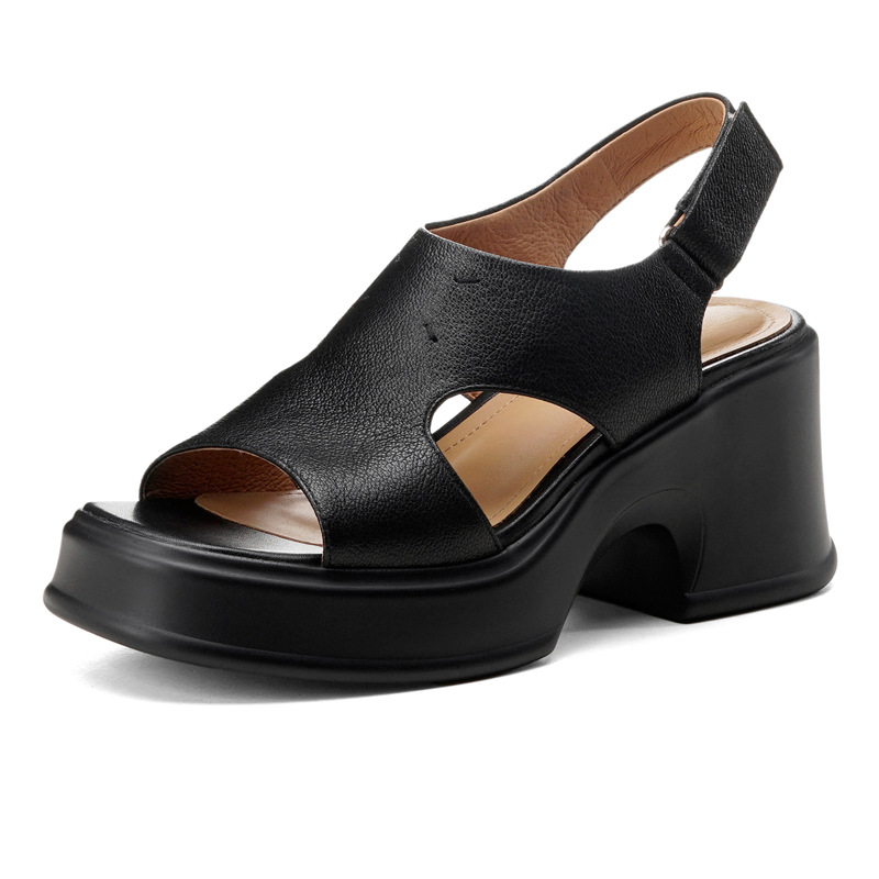 Sandal nữ đế dày gót vuông quai ngang khóa một dây phong cách La Mã — đen