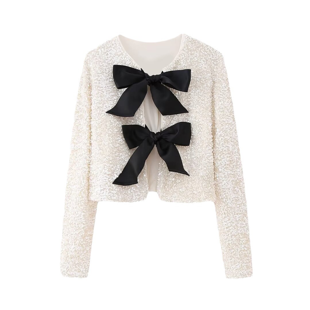 Abbigliamento donna Y2K primavera nuova camicia aderente corta a maniche lunghe con papillon e paillettes_voghion.com