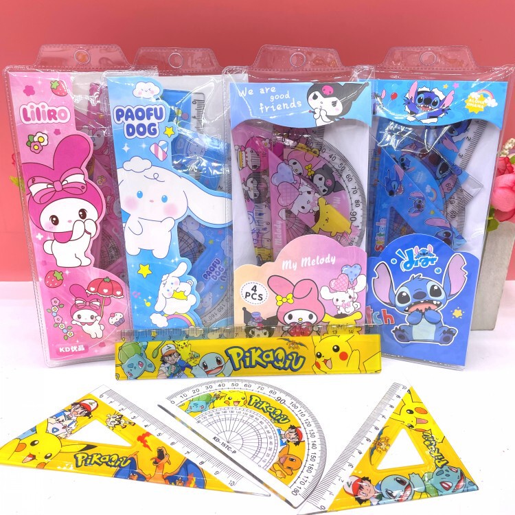 Cute Cartoon Student Set Ruler suit Triangle Ruler Tighter Ruler Four-in-One Learning suit Children's Tool Ruler Cute Cartoon Student Set Ruler suit Triangle Ruler Tighter Ruler Four-in-One Learning suit Children's Tool Ruler
