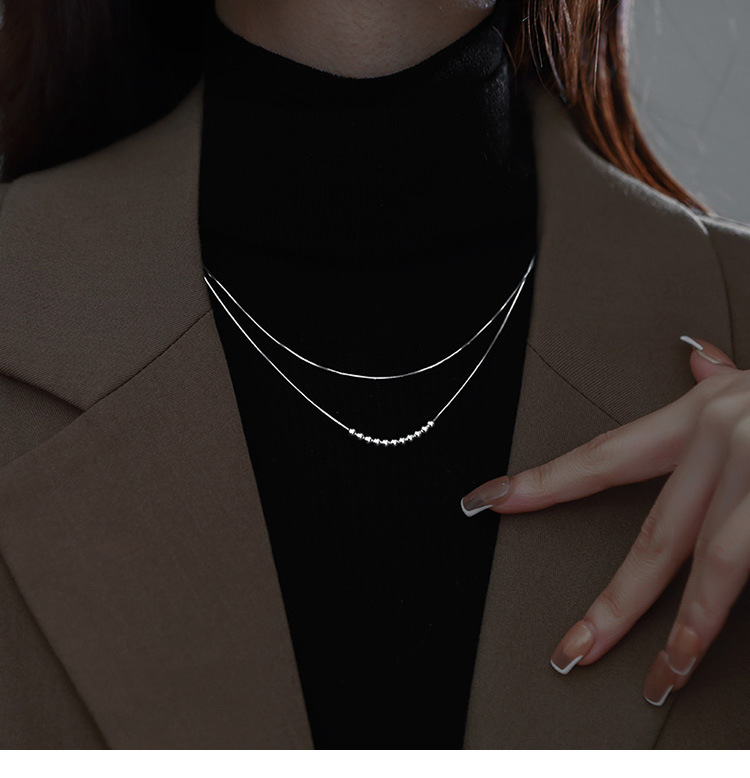 Double layered round bead S pure silver necklace for women, trendy, light luxury, niche design, sweater, collarbone_voghion.com
