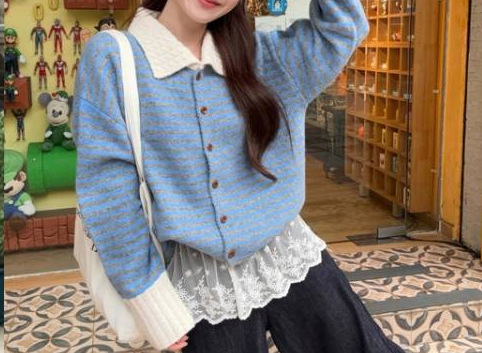 拼色条纹polo领长袖毛衣女针织衫秋冬新款休闲慵懒风宽松长袖外套|undefined