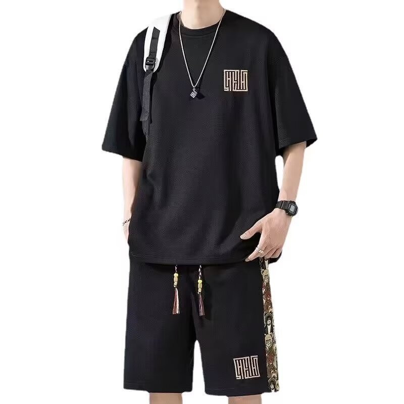 Camisas menos ropa verano nuevo estilo traje deportivo de ocio manga corta para hombres estilo de Hong Kong marea nacional pantalones cortos de cinco puntos manga corta suelta