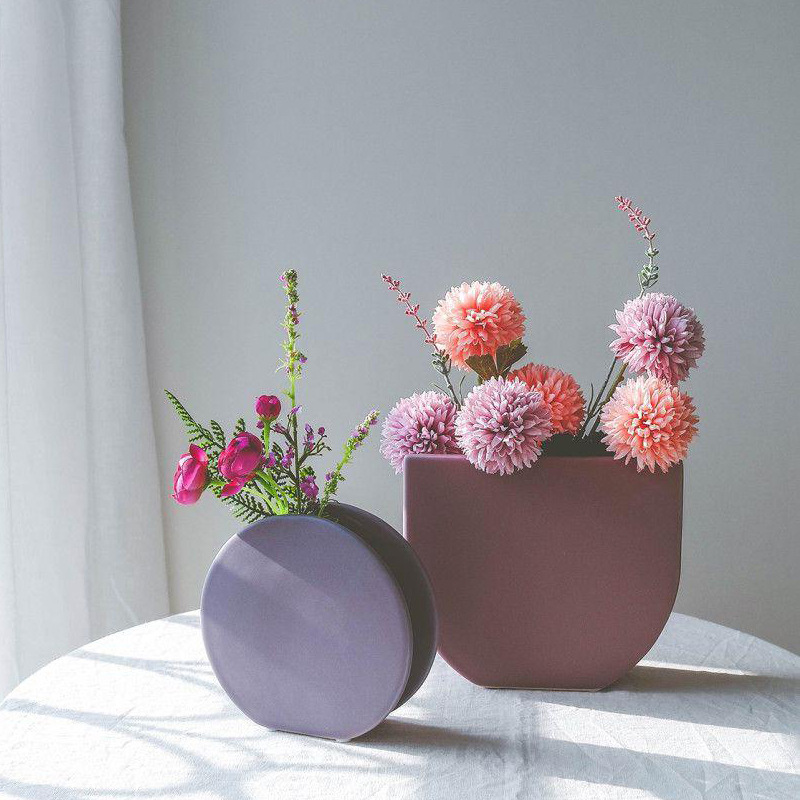Nórdico moderno minimalista púrpura florero de cerámica decoración mesa de comedor sala de estar arreglo floral flor seca TV gabinete decoración del hogar