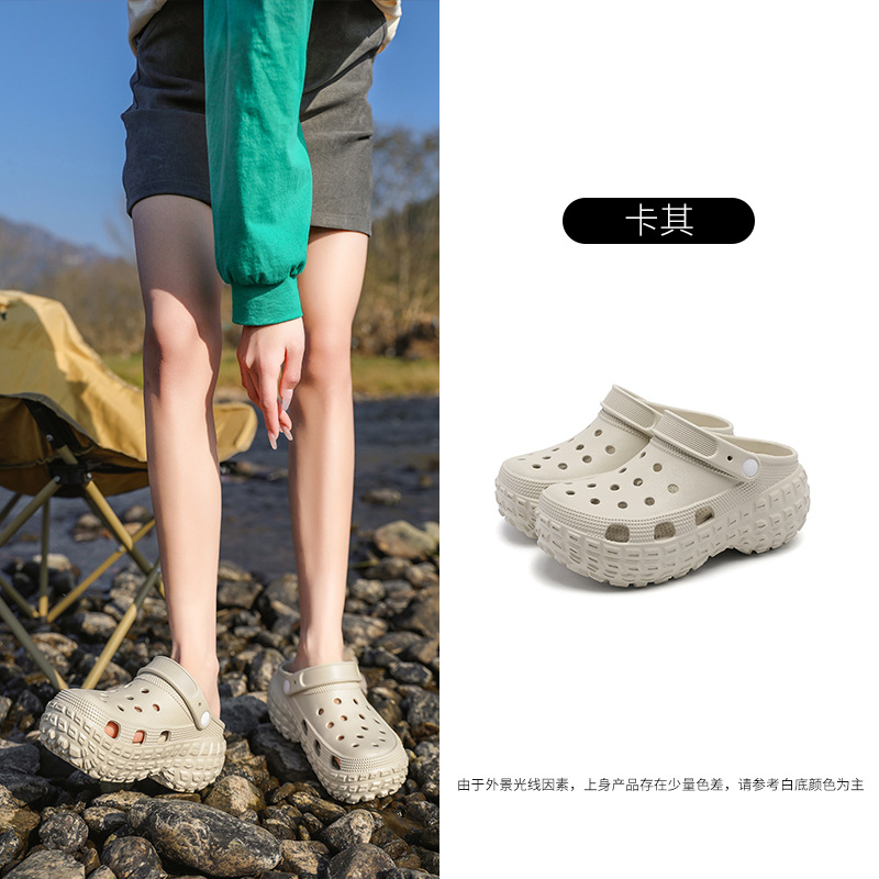 2025 nuevos zapatos con agujeros de neumáticos de suela súper gruesa para mujer, deportes de altura, uso externo, resistente al desgaste, pisando la mierda, sandalias Baotou al aire libre