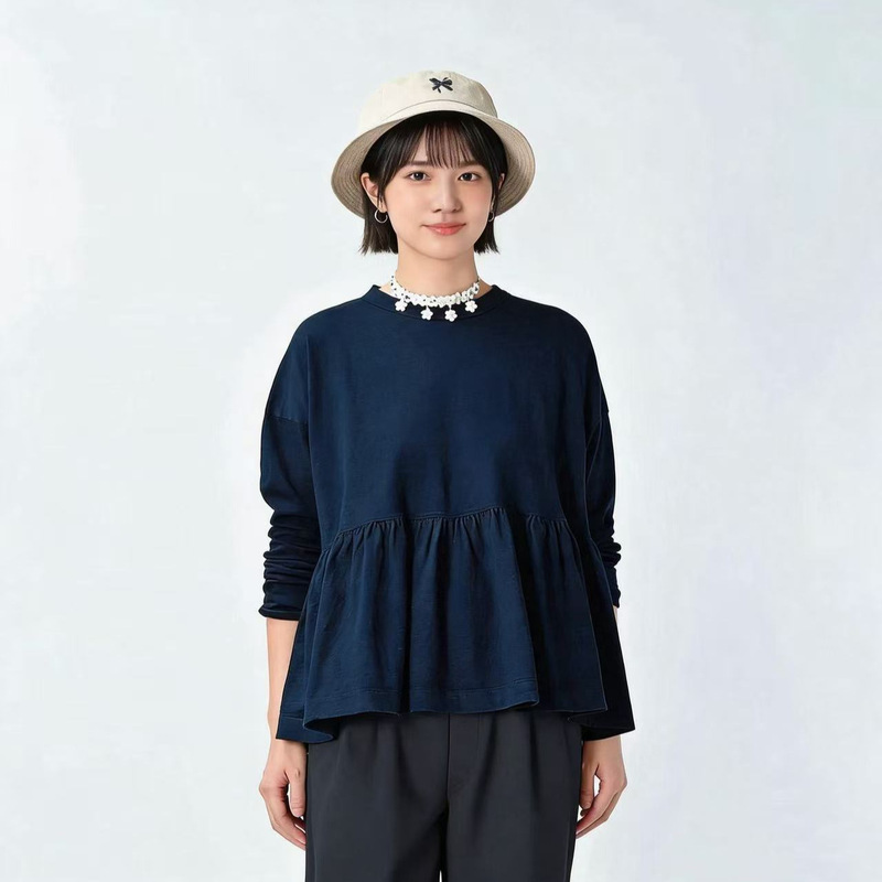 Directly Supplied from the Original Factory, Export Clothing Cc45R Indigo Ruffle T-Shirt Shirt, Commuter Embroidered Loose Round Neck Thin Style Directly Supplied from the Original Factory, Export Clothing Cc45R Indigo Ruffle T-Shirt Shirt, Commuter Embroidered Loose Round Neck Thin Style
