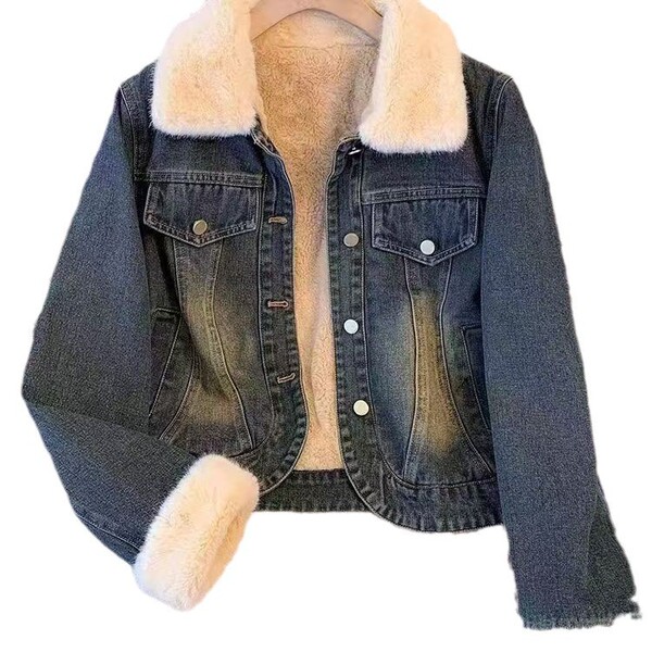 Short denim demi-season warm jacket