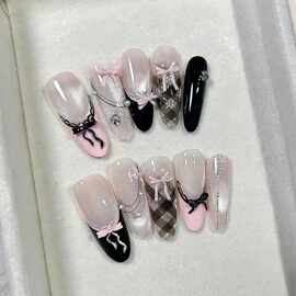 纯手工穿戴甲格纹蝴蝶结猫眼小众温柔高级感气质甜美可拆卸美甲贴