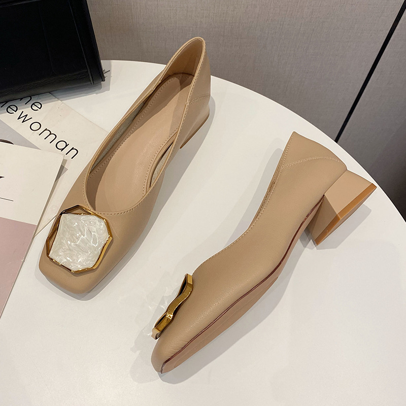 Real cowhide high heels women's 2023 summer new Korean style lazy shoes square toe soft leather shallow mouth thick heel single shoes low heel_voghion.com