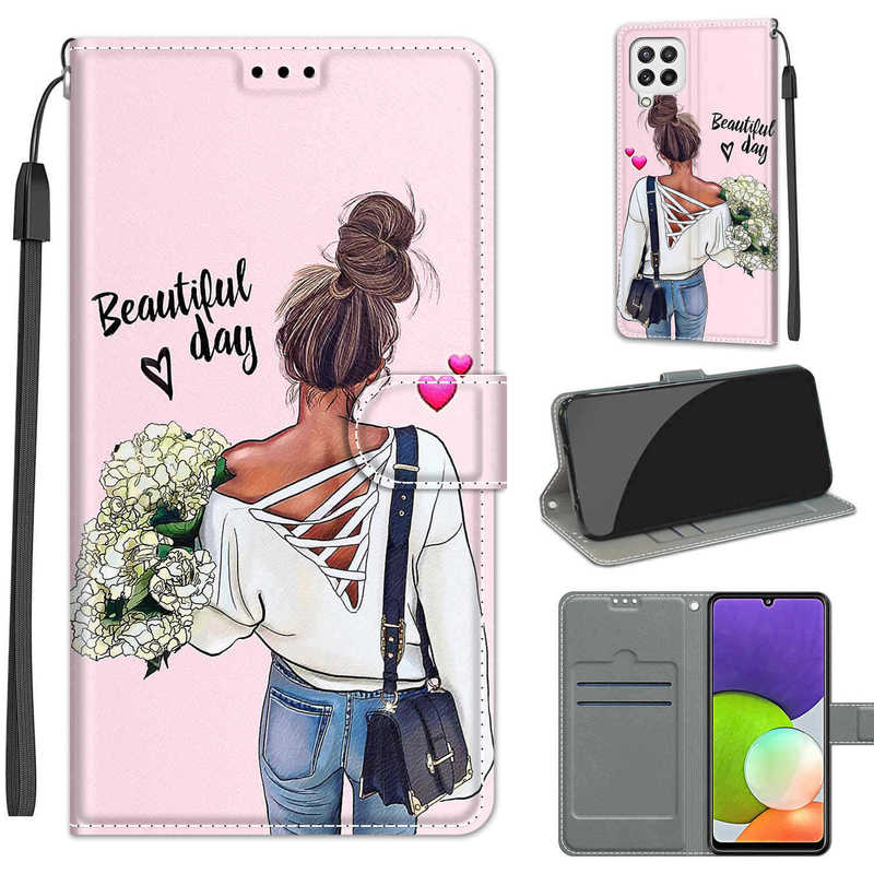 For Samsung S22 mobile phone case S20 ultra-thin voltage painted leather case A12 flip card wallet S21 protective case